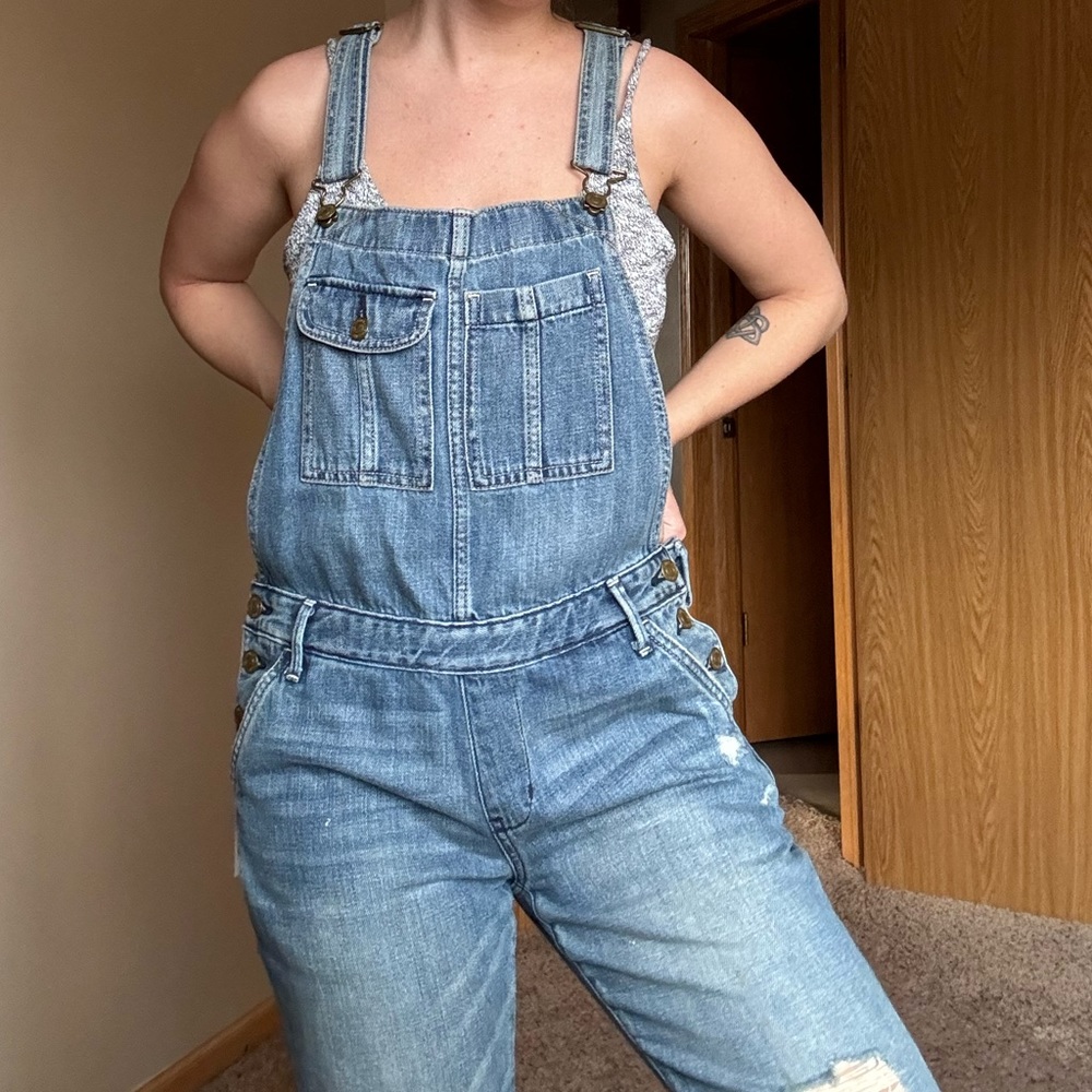 A&F distressed overalls
